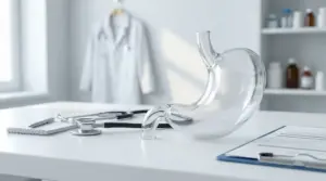 Modello anatomico trasparente dello stomaco su una scrivania medica con stetoscopio in ambulatorio