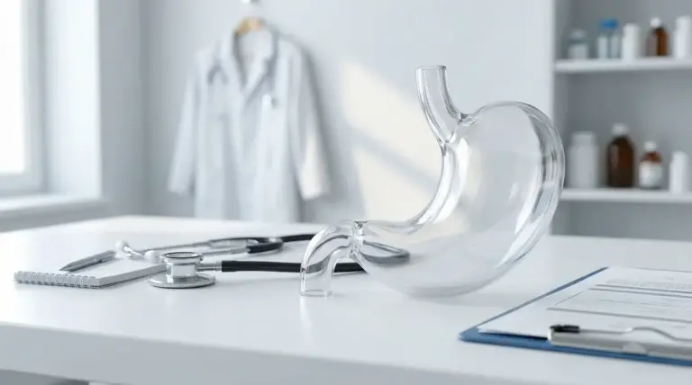 Modello anatomico trasparente dello stomaco su una scrivania medica con stetoscopio in ambulatorio