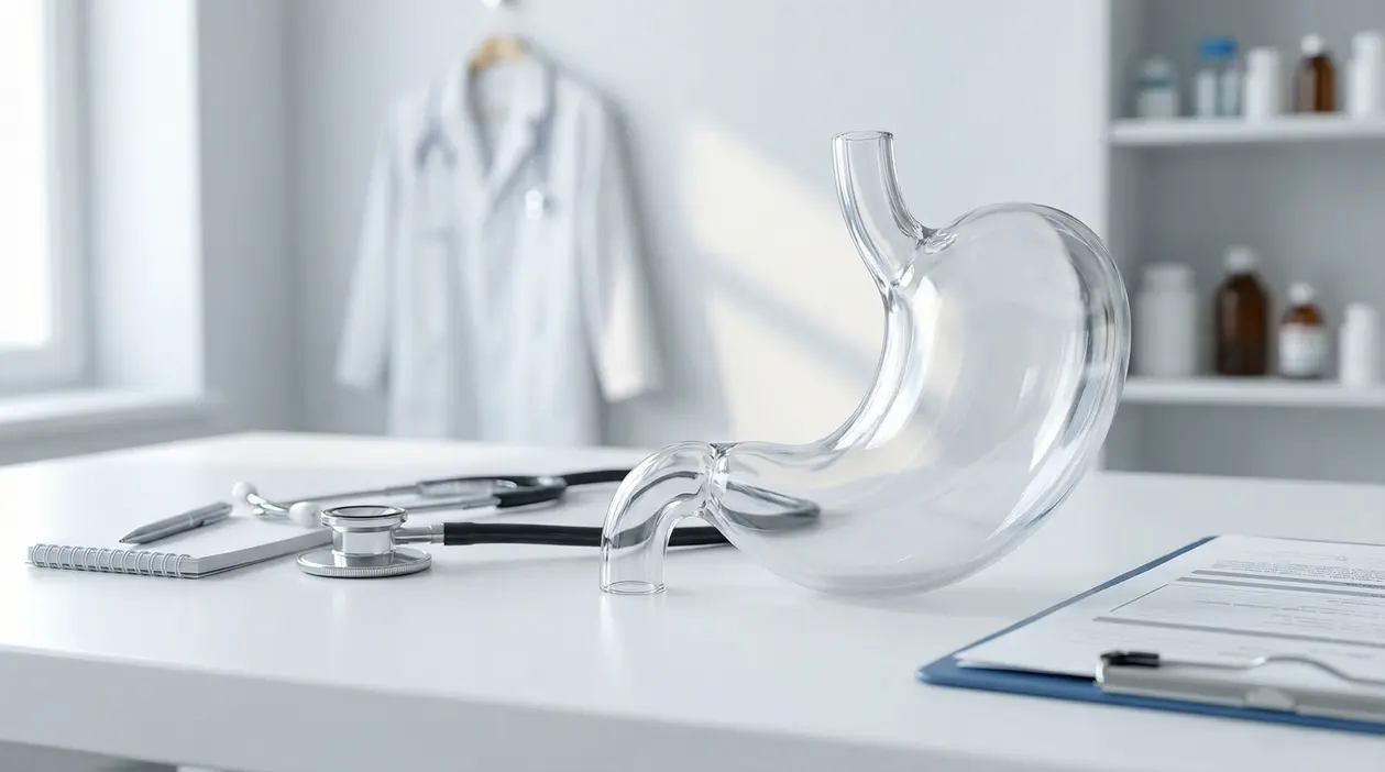 Modello anatomico trasparente dello stomaco su una scrivania medica con stetoscopio in ambulatorio