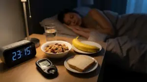 Persona che dorme accanto a comodino con banana, cereali, pane e glucometro, simbolo di glicemia alta notturna
