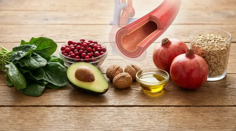 Spinaci, avocado, frutti rossi, noci, olio d’oliva, melagrana e avena accanto a un’illustrazione di arteria