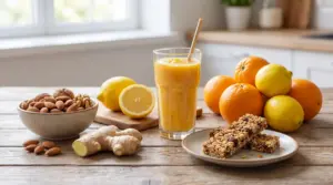 Frullato agrumato con limoni, arance, mandorle, zenzero e barrette ai cereali su un tavolo in cucina