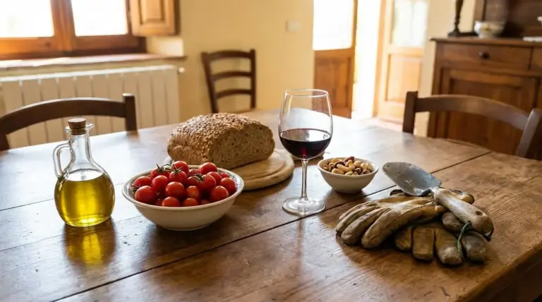 Tavolo rustico con pane integrale, pomodori, olio d'oliva, frutta secca e un bicchiere di vino rosso