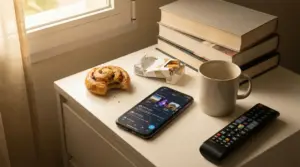 Tavolino con smartphone, sigarette, brioche e tazza di caffè accanto a libri, simbolo di abitudini poco salutari