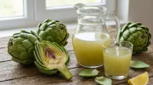 Caraffa e bicchiere di acqua di carciofo con carciofi freschi su un tavolo di legno