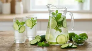 Caraffa e bicchieri di acqua di cetriolo con lime e menta su un tavolo di legno