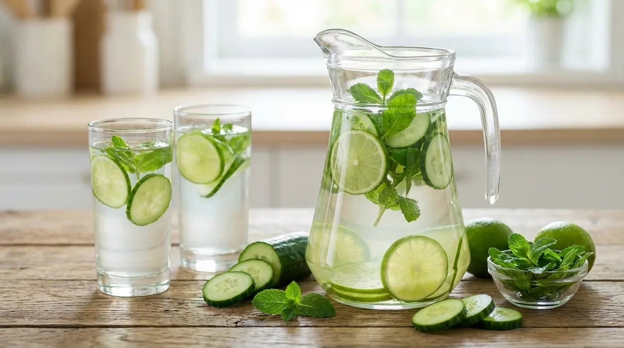 Caraffa e bicchieri di acqua di cetriolo con lime e menta su un tavolo di legno