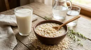 Ciotola di porridge d’avena con cucchiaio, bicchiere d’acqua e bevanda d’avena su tavolo rustico