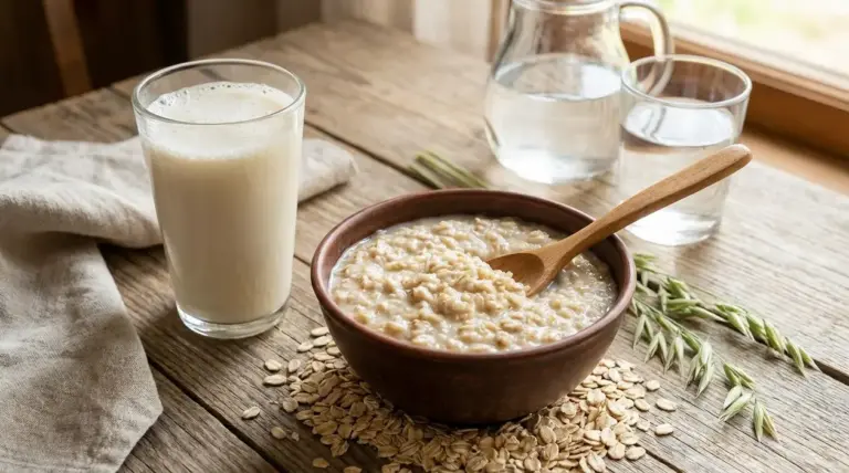 Ciotola di porridge d’avena con cucchiaio, bicchiere d’acqua e bevanda d’avena su tavolo rustico