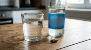 Bicchiere d’acqua e bottiglia di acqua minerale su un tavolo, con un piccolo calcolo renale in primo piano