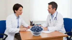 Due medici in ambulatorio discutono di alimentazione con una ciotola di mirtilli sul tavolo