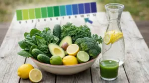 Ciotola con verdure verdi, agrumi e acqua al limone accanto a una scala del pH su un tavolo