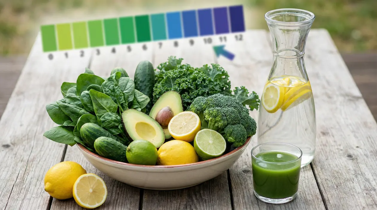 Ciotola con verdure verdi, agrumi e acqua al limone accanto a una scala del pH su un tavolo