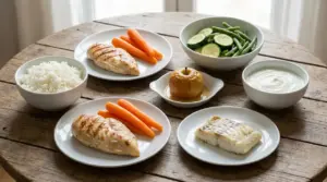 Pasti leggeri con riso, pollo alla griglia, pesce bianco, yogurt, mela cotta e verdure per la colite