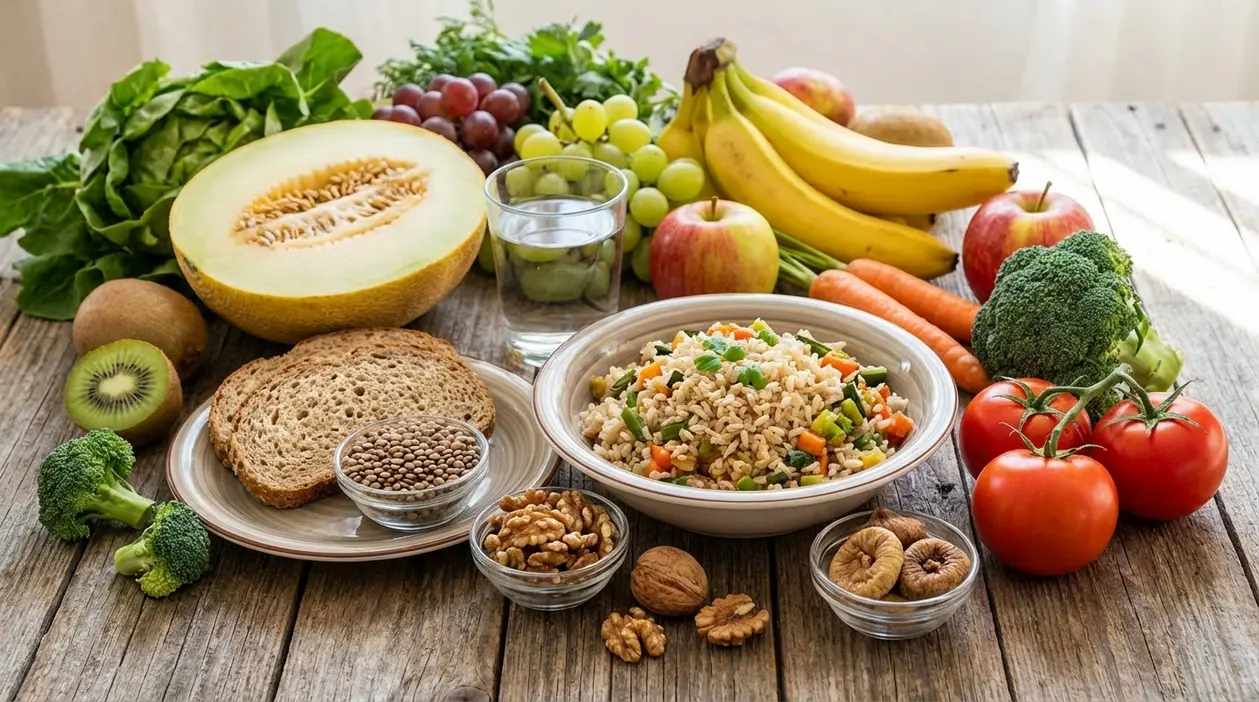 Alimenti ricchi di fibre come frutta, verdura, legumi, cereali integrali e acqua su un tavolo