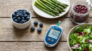 Glucometro con mirtilli, asparagi, fagioli rossi e insalata su tavolo di legno