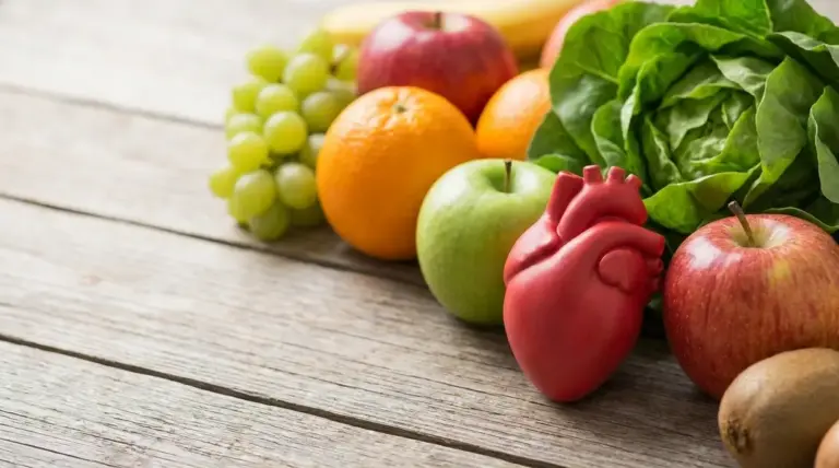Frutta e verdure fresche con modello anatomico del cuore su tavolo in legno, simbolo di salute cardiovascolare