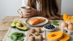 Alimenti nutrienti come salmone, avocado, uova, spinaci, noci e mirtilli per capelli sani e forti