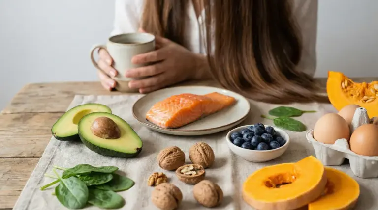 Alimenti nutrienti come salmone, avocado, uova, spinaci, noci e mirtilli per capelli sani e forti