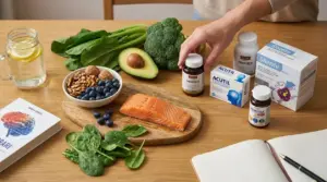 Alimenti per il benessere mentale su un tavolo: salmone, avocado, mirtilli, noci, spinaci e broccoli