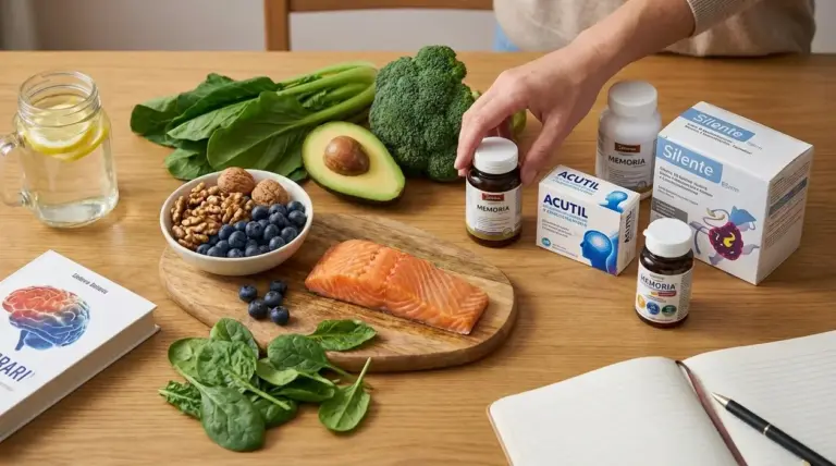 Alimenti per il benessere mentale su un tavolo: salmone, avocado, mirtilli, noci, spinaci e broccoli