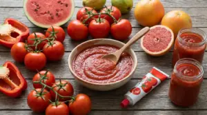 Pomodori, salsa di pomodoro, anguria, peperone rosso e agrumi su tavolo di legno, fonti di licopene