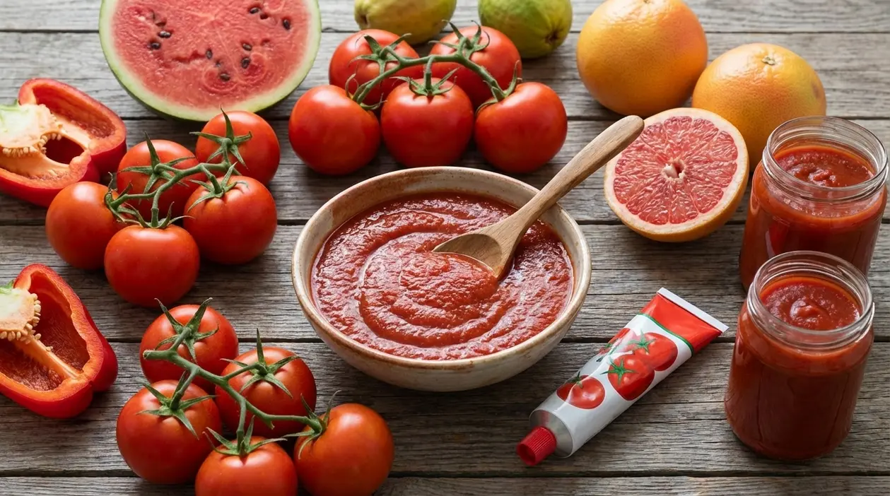 Pomodori, salsa di pomodoro, anguria, peperone rosso e agrumi su tavolo di legno, fonti di licopene