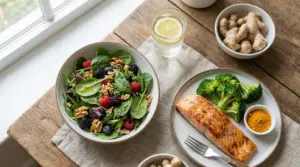 Pasto con salmone, broccoli, insalata con frutti di bosco, noci, zenzero e curcuma su tavolo in legno