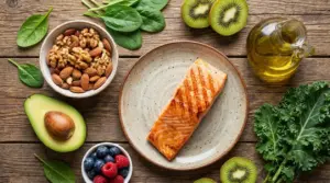 Salmone con avocado, frutta secca, kiwi, verdure a foglia e olio d'oliva per prevenire i trigliceridi alti