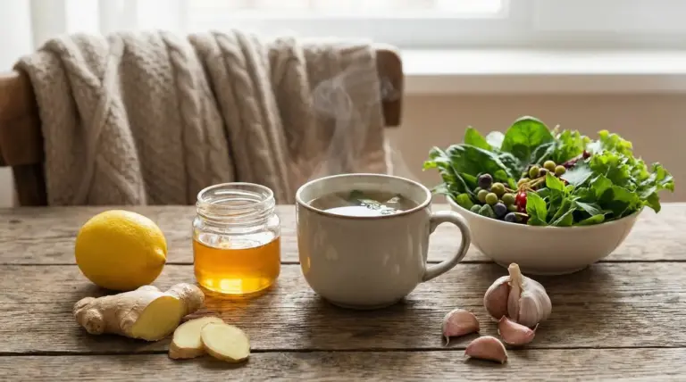 Tisana calda con limone, miele, zenzero, aglio e insalata verde su tavolo rustico