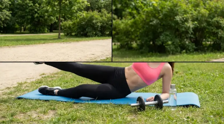 Persona che si allena su un tappetino all'aperto con manubrio, esercizi per addominali e pancia piatta