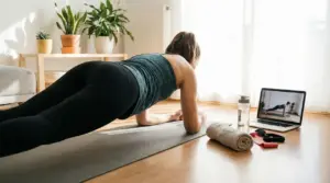 Persona che fa plank su un tappetino in casa seguendo un allenamento su laptop