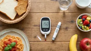 Glucometro con valore alto sul tavolo accanto a pane, pasta e frutta, simbolo del controllo della glicemia
