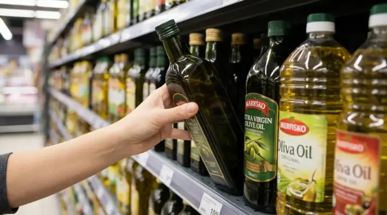 Mano che prende una bottiglia di olio d'oliva dallo scaffale del supermercato
