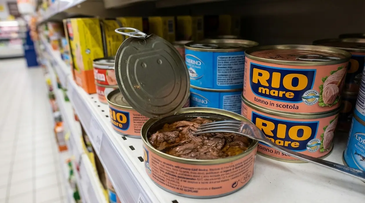 Scatole di tonno in scatola su uno scaffale del supermercato, con una confezione aperta in primo piano