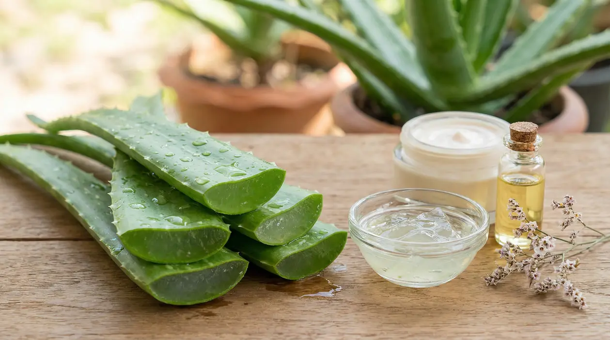 Foglie di aloe vera tagliate con gel in una ciotola e prodotti skincare su un tavolo di legno