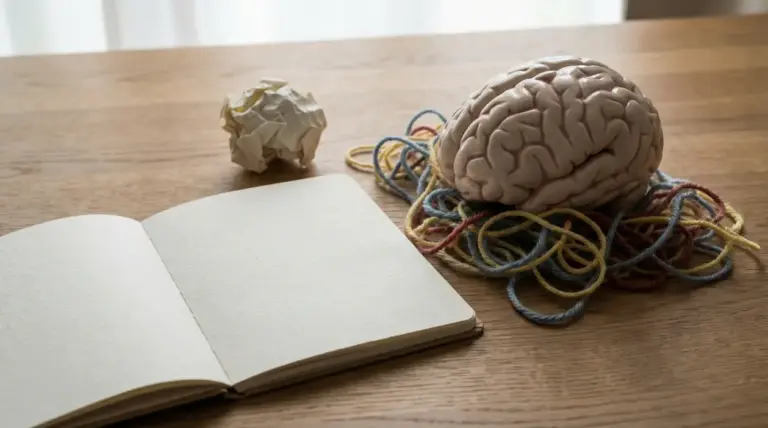Cervello con fili intrecciati accanto a un quaderno aperto, simbolo di analfabetismo emotivo e difficoltà espressive