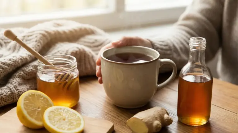 Tisana calda con miele, limone e zenzero su un tavolo, rimedio naturale per tosse e mal di gola