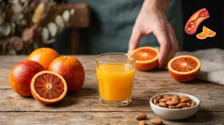 Arance rosse e succo d’arancia su un tavolo, con mandorle accanto, in un contesto legato al colesterolo alto