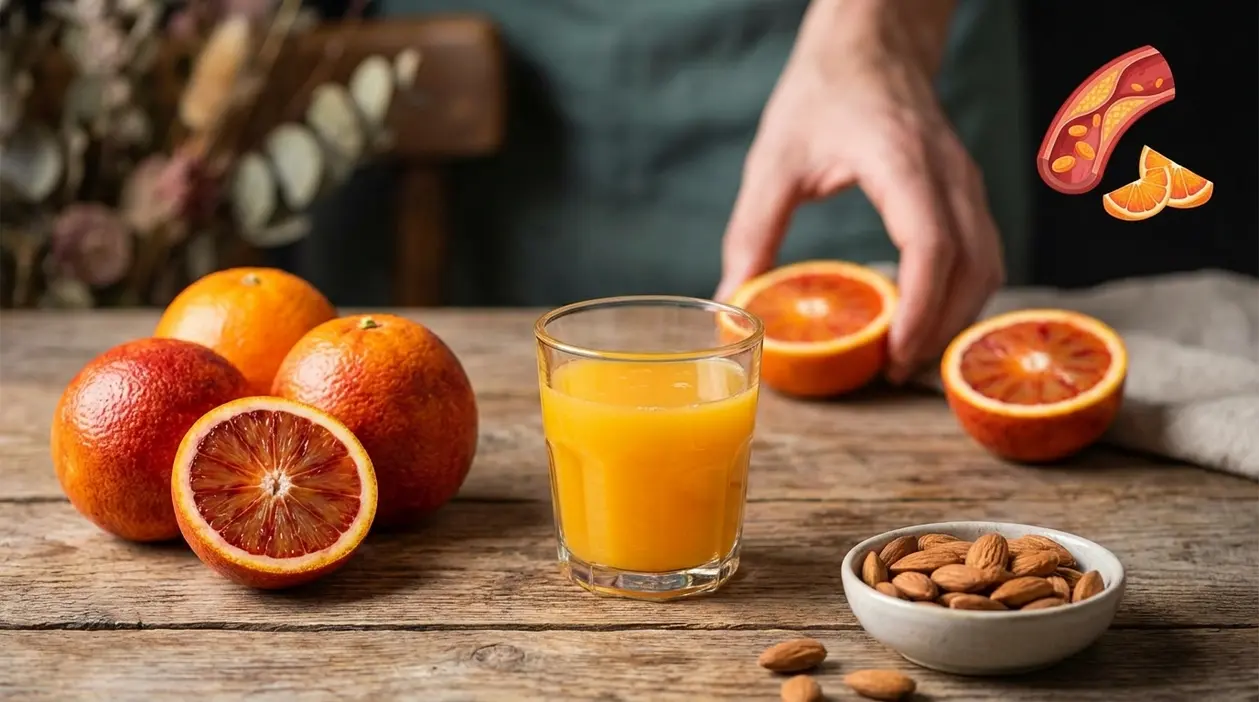 Arance rosse e succo d’arancia su un tavolo, con mandorle accanto, in un contesto legato al colesterolo alto