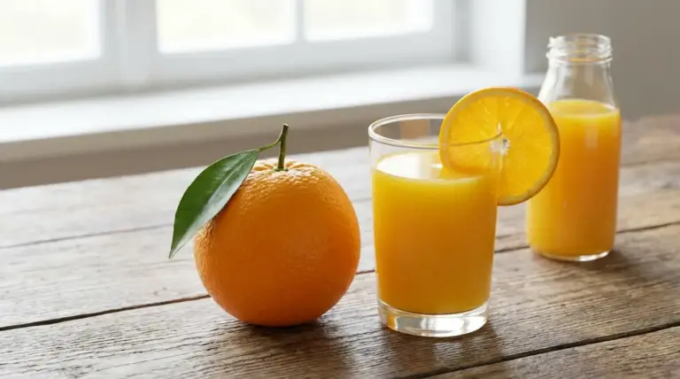 Arancia fresca con foglia accanto a un bicchiere di spremuta e una bottiglia di succo su un tavolo di legno