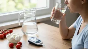 Persona che beve un bicchiere d’acqua accanto a glucometro e cibi leggeri su un tavolo