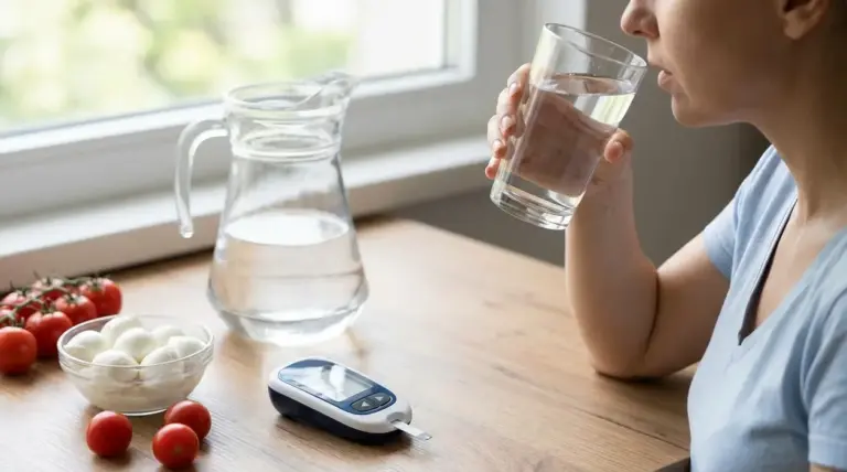 Persona che beve un bicchiere d’acqua accanto a glucometro e cibi leggeri su un tavolo