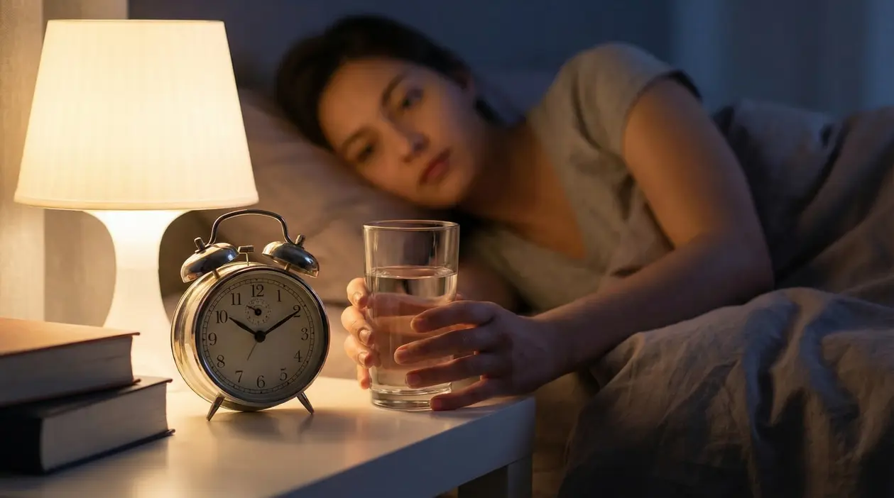 Donna a letto prende un bicchiere d’acqua dal comodino di notte, accanto a una sveglia e una lampada