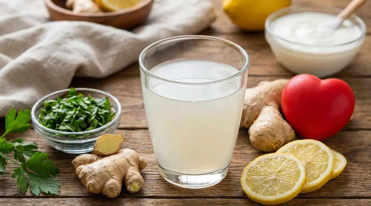 Bicchiere di bevanda chiara con limone, zenzero e yogurt su tavolo di legno
