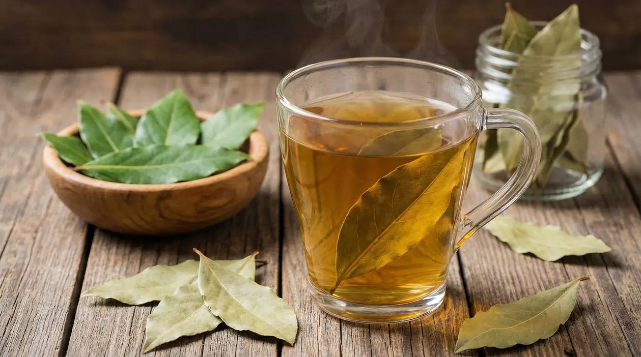 Tazza di tisana all’alloro fumante su tavolo di legno con foglie di alloro fresche e secche accanto