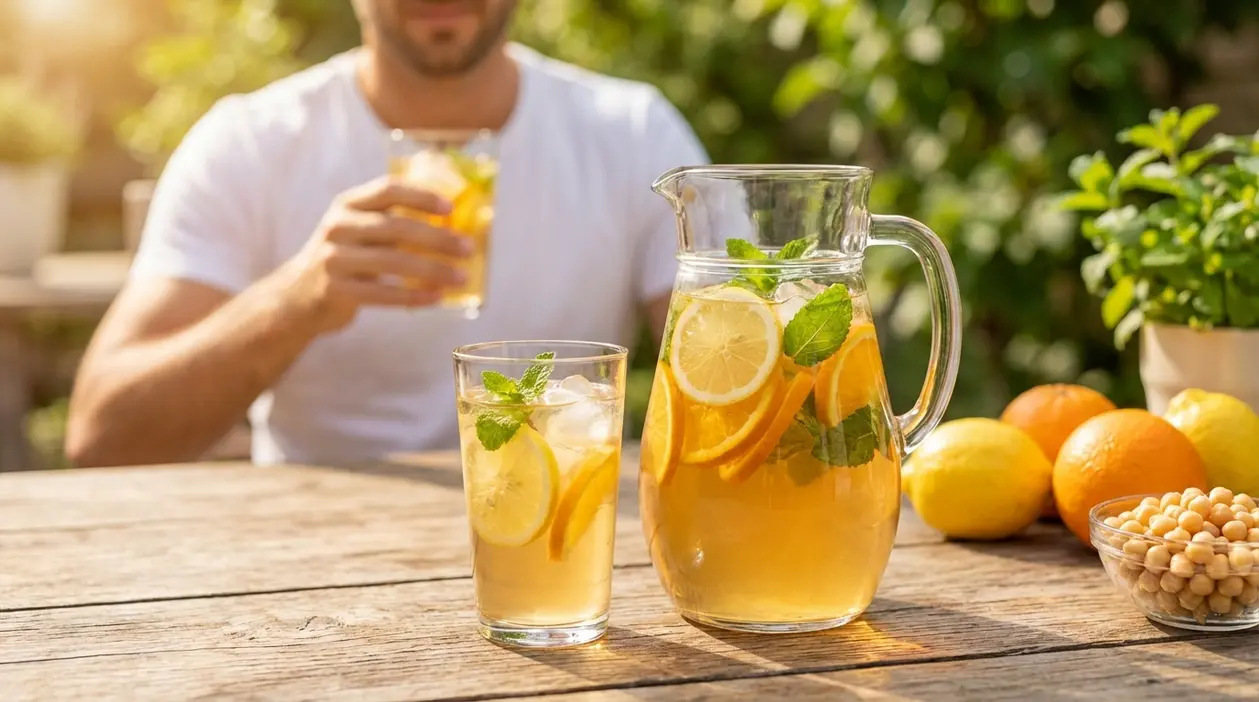 Caraffa e bicchiere di bevanda fresca con limone, agrumi, menta e ghiaccio su un tavolo all'aperto
