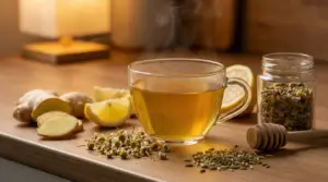 Tisana serale calda con zenzero, limone, camomilla e semi aromatici su un tavolo di legno