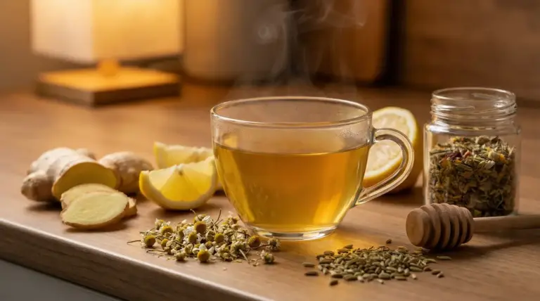 Tisana serale calda con zenzero, limone, camomilla e semi aromatici su un tavolo di legno