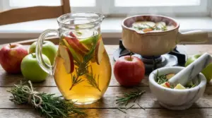 Caraffa con bevanda alla mela e rosmarino su tavolo in legno, con mele fresche e rametti aromatici